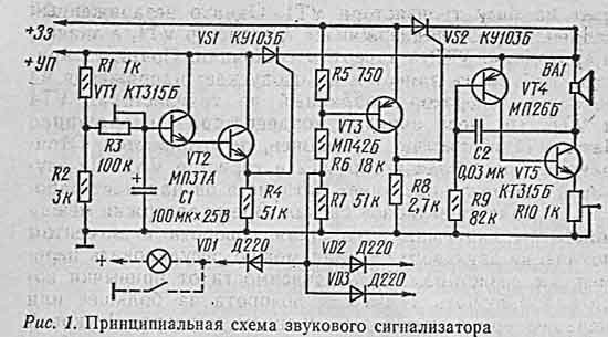 Принципиальная схема звукового сигнализатора